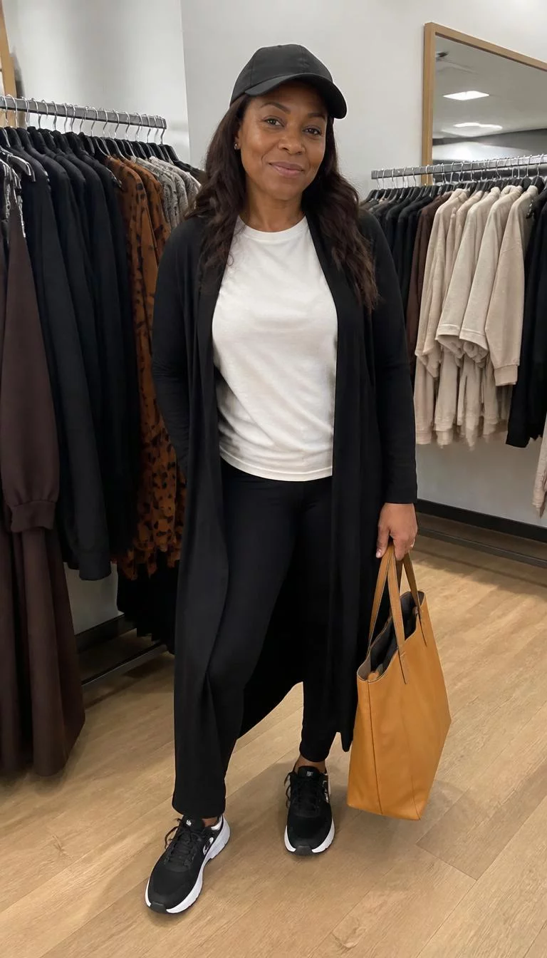 A photorealistic full body shot of a 46-year-old Afro-Caribbean woman with a heart-shaped face, golden brown, broad nose, thin arched eyebrows, and thin lips. Her face features slightly crooked smile, faint under-eye shadows, and subtle natural facial asymmetry. She has hooded gray eyes, rounded cheeks, subtle smile, relaxed. She is average build with dark brown hair and is wearing black leggings, a white t-shirt, a black duster cardigan, and a black baseball cap, she holds a tan tote bag, indoors near a clothing rack, everyday social media post aesthetic, high-quality mobile photography, shot on an iPhone 14.