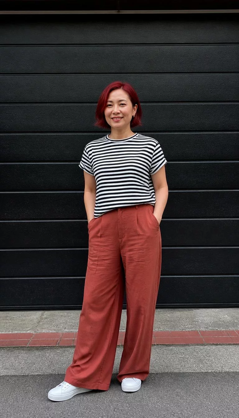 A photorealistic full body shot of a 38-year-old East Asian woman with a diamond face, olive, button nose, thick natural eyebrows, and heart-shaped lips. Her face features slightly crooked smile, visible pores, and subtle natural facial asymmetry. She has almond-shaped brown eyes, pronounced cheekbones, closed-mouth smile, cheerful. She is average build with red short hair and is wearing a black and white striped t-shirt, terracotta wide-leg pants, and white sneakers, standing outdoors against a black garage door background, everyday social media post aesthetic, high-quality mobile photography, shot on an iPhone 14.