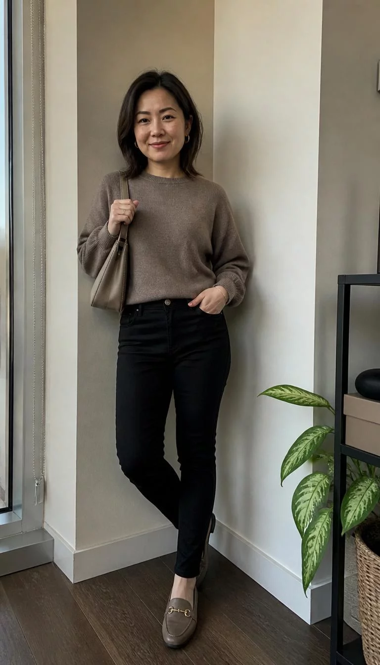 A photorealistic full body shot of a 47-year-old East Asian woman with a square face, light, broad nose, thick natural eyebrows, and wide lips. Her face features beauty mark near the lip, subtle acne marks, and subtle natural facial asymmetry. She has hooded brown eyes, rounded cheeks, closed-mouth smile, confident. She is petite with dark hair and is wearing neutral-toned outfits with skinny pants, различных tops, and outerwear, indoors, everyday social media post aesthetic, high-quality mobile photography, shot on an iPhone 14.