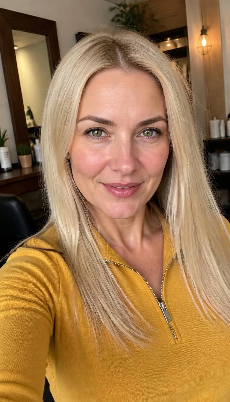 Silver Birch Blonde selfie of a 38-year-old Eastern European woman with a oblong face, light, rounded nose, straight eyebrows, and thin lips. Her face features gap between front teeth, slightly flushed cheeks, and subtle natural facial asymmetry. She has upturned green eyes, pronounced cheekbones, closed-mouth smile, confident. She is average and is wearing a Mustard Yellow Quarter-Zip Pullover with silver birch blonde long straight hair, warm indoor lighting, hair salon