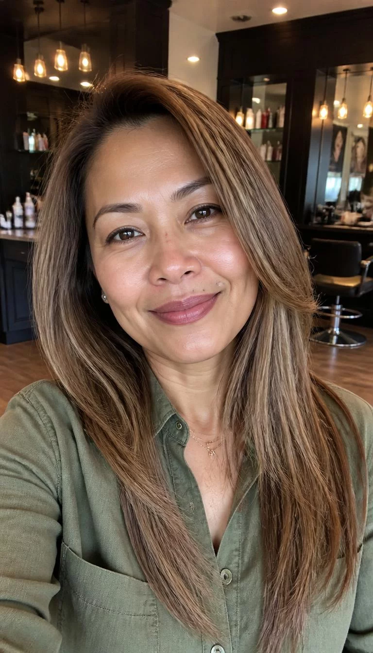 Burnt Sugar Bronde selfie of a 46-year-old Southeast Asian woman with a square face, deep brown, button nose, thin arched eyebrows, and full lips. Her face features beauty mark near the lip, a few laugh lines, and subtle natural facial asymmetry. She has downturned amber eyes, pronounced cheekbones, broad smile, relaxed. She is slim and is wearing a Olive Green Button-Up Shirt with burnt sugar bronde long sleek hair, warm indoor lighting, hair salon