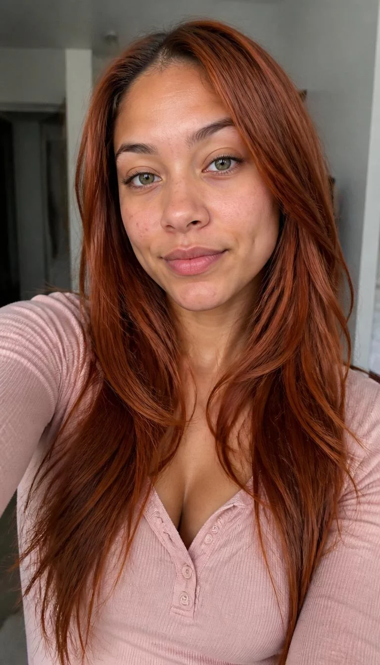 Spiced Cider Copper selfie of a 23-year-old Mixed-race woman with a pear-shaped face, dark brown, straight nose, thin arched eyebrows, and thin lips. Her face features dimples, subtle acne marks, and subtle natural facial asymmetry. She has upturned green eyes, rounded cheeks, neutral expression, confident. She is athletic and is wearing a Blush Pink Henley Shirt with spiced cider copper long layered hair, overcast daylight, indoor