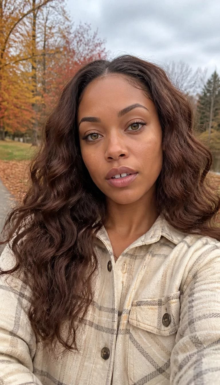Roasted Chestnut Brown selfie of a 26-year-old Afro-Caribbean woman with a diamond face, dark brown, broad nose, thin arched eyebrows, and full lips. Her face features gap between front teeth, a few laugh lines, and subtle natural facial asymmetry. She has round green eyes, high cheekbones, neutral expression, thoughtful. She is athletic and is wearing a Cream Flannel Shirt with roasted chestnut brown long curly hair, overcast daylight, fall outdoor background