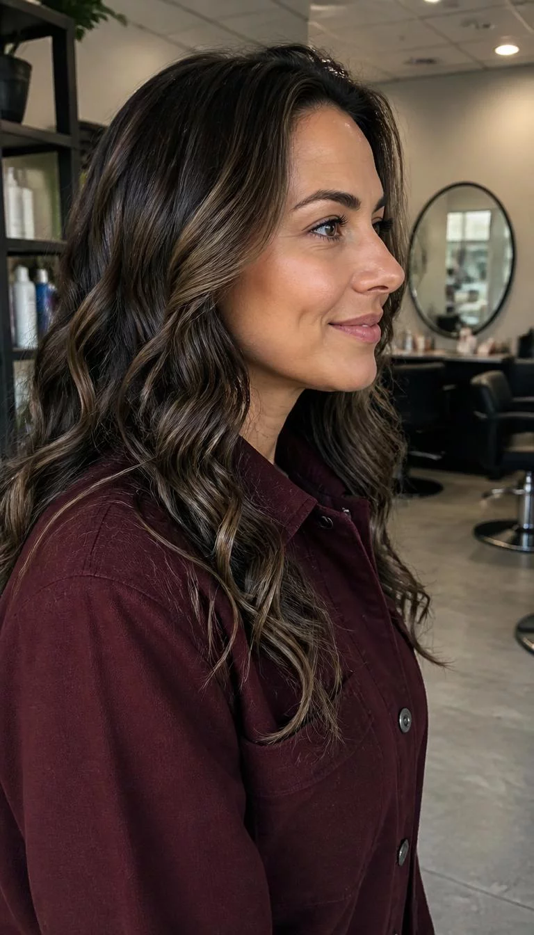Smoked Walnut Balayage A side shot photo of a 33-year-old Eastern European woman with a square face, tan, upturned nose, straight eyebrows, and heart-shaped lips. Her face features dimples, faint under-eye shadows, and subtle natural facial asymmetry. She has upturned gray eyes, high cheekbones, neutral expression, cheerful. She is average and is wearing a Burgundy Shacket with smoked walnut brown balayage long curly hair, overcast daylight, hair salon