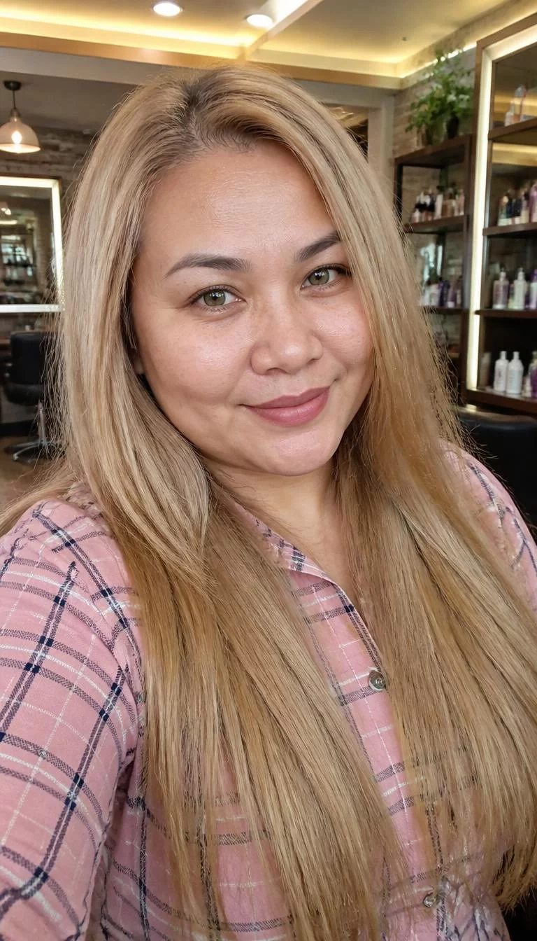 selfie of a 37-year-old Southeast Asian woman with a oval face, fair, aquiline nose, softly curved eyebrows, and heart-shaped lips. Her face features slightly crooked smile, light freckles, and subtle natural facial asymmetry. She has round green eyes, pronounced cheekbones, closed-mouth smile, confident. She is plus-size and is wearing a Blush Pink Plaid Shirt with iced vanilla latte blonde long straight hair, warm indoor lighting, hair salon