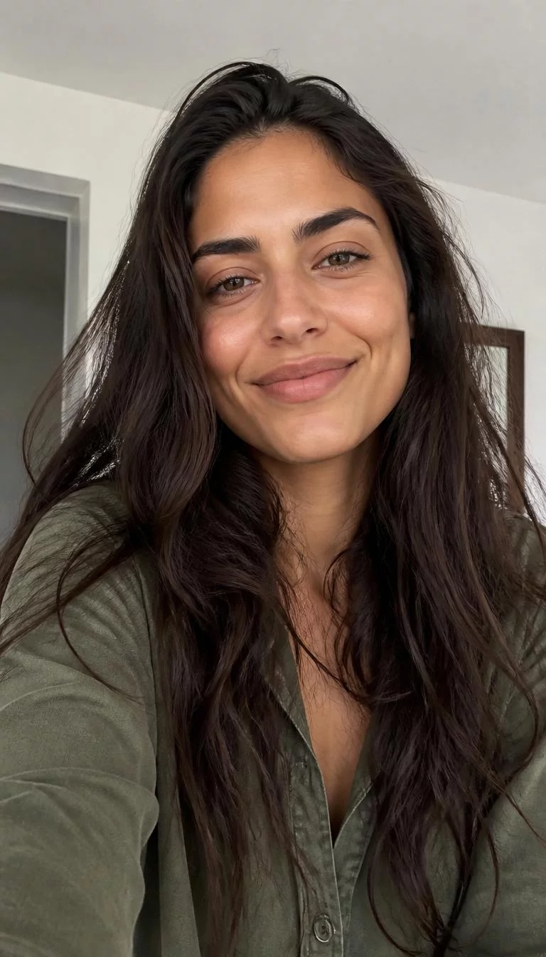 Deep Espresso With Velvet Undertones selfie of a 23-year-old Mediterranean woman with a oblong face, tan, broad nose, thin arched eyebrows, and wide lips. Her face features small scar on the eyebrow, a few laugh lines, and subtle natural facial asymmetry. She has downturned amber eyes, rounded cheeks, broad smile, thoughtful. She is average and is wearing a Olive Green Button-Up Shirt with deep espresso brown long wavy hair, bright natural daylight, indoor