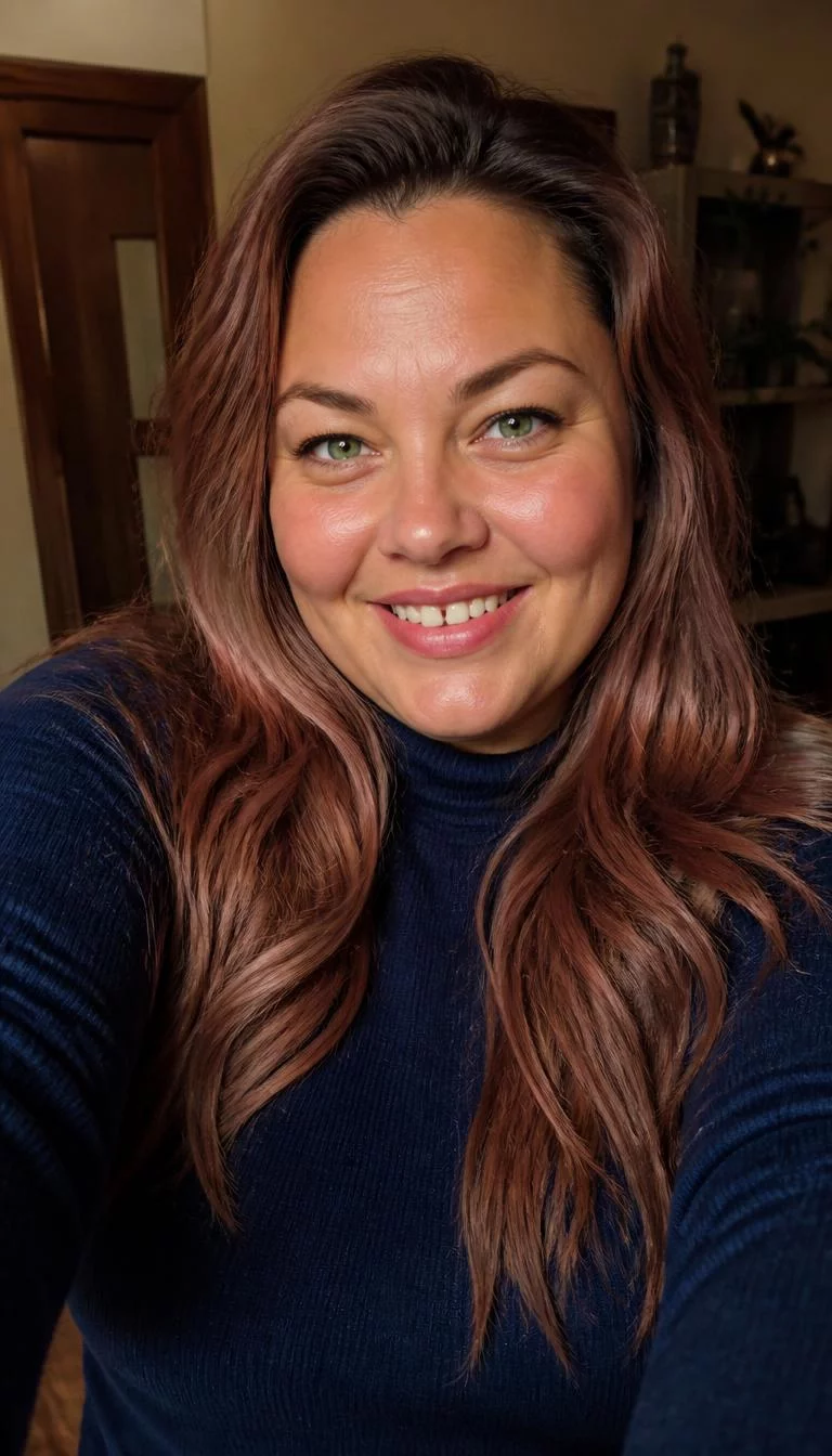 Dusty Rose Brunette selfie of a 43-year-old Eastern European woman with a pear-shaped face, tan, rounded nose, straight eyebrows, and full lips. Her face features gap between front teeth, slightly flushed cheeks, and subtle natural facial asymmetry. She has upturned green eyes, pronounced cheekbones, broad smile, confident. She is plus-size and is wearing a Navy Mock Neck Sweater with dusty rose brown long textured hair, warm indoor lighting, indoor
