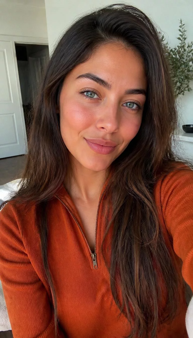 Mushroom Brown Lowlights selfie of a 24-year-old Latina woman with a pear-shaped face, dark brown, aquiline nose, thick natural eyebrows, and heart-shaped lips. Her face features uneven eyebrows, slightly flushed cheeks, and subtle natural facial asymmetry. She has hooded blue eyes, pronounced cheekbones, subtle smile, relaxed. She is slim and is wearing a Burnt Orange Quarter-Zip Pullover with mushroom brown long textured hair, bright natural daylight, indoor