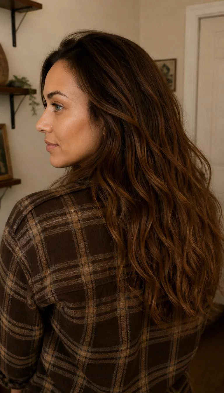 Caramel Chai Melt A back shot photo of a 36-year-old Mixed-race woman with a oval face, deep brown, aquiline nose, thick natural eyebrows, and thin lips. Her face features widow's peak hairline, visible pores, and subtle natural facial asymmetry. She has upturned blue eyes, soft cheekbones, neutral expression, relaxed. She is average and is wearing a Chocolate Brown Plaid Shirt with caramel chai brown long wavy hair, warm indoor lighting, indoor