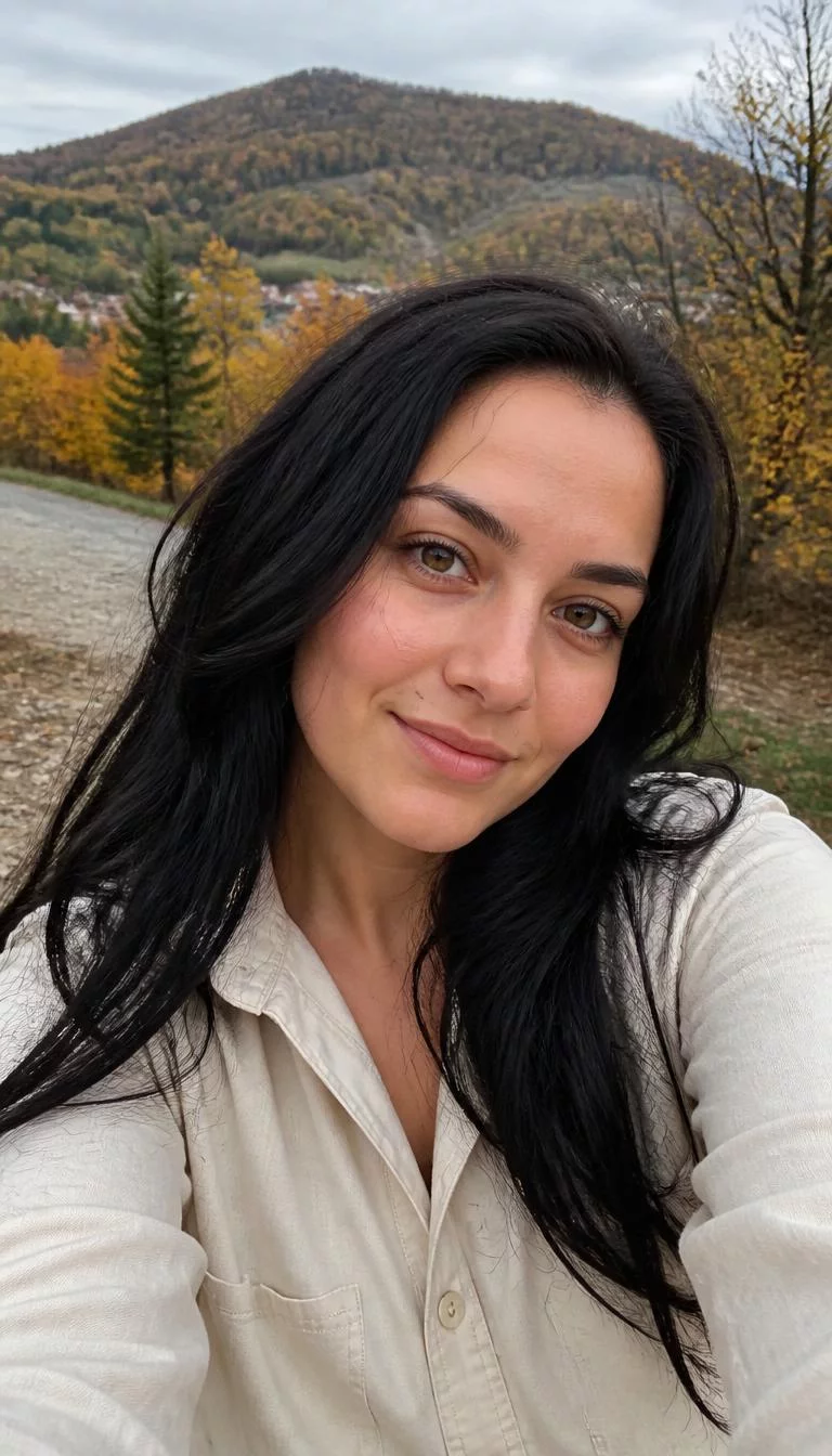 Midnight Blue Black selfie of a 25-year-old Southern European woman with a round face, fair, broad nose, softly curved eyebrows, and thin lips. Her face features beauty mark near the lip, a few laugh lines, and subtle natural facial asymmetry. She has round hazel eyes, high cheekbones, subtle smile, playful. She is athletic and is wearing a Cream Chambray Shirt with midnight blue black long glossy hair, overcast daylight, fall outdoor background