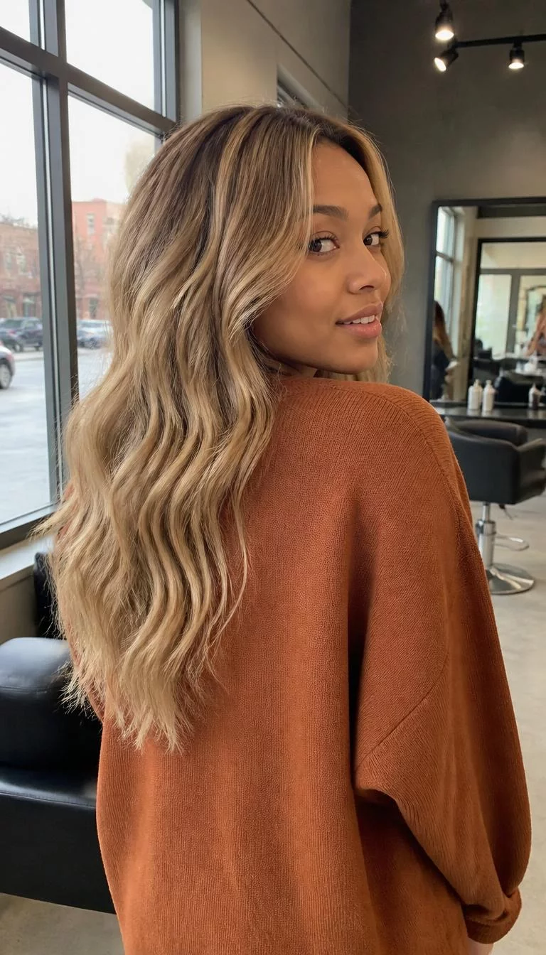 Butterscotch Blonde Ombre A back shot photo of a 25-year-old Mixed-race woman with a pear-shaped face, golden brown, broad nose, softly curved eyebrows, and wide lips. Her face features gap between front teeth, faint under-eye shadows, and subtle natural facial asymmetry. She has monolid blue eyes, high cheekbones, subtle smile, relaxed. She is slim and is wearing a Rust Oversized Sweater with butterscotch blonde long loose waves, overcast daylight, hair salon