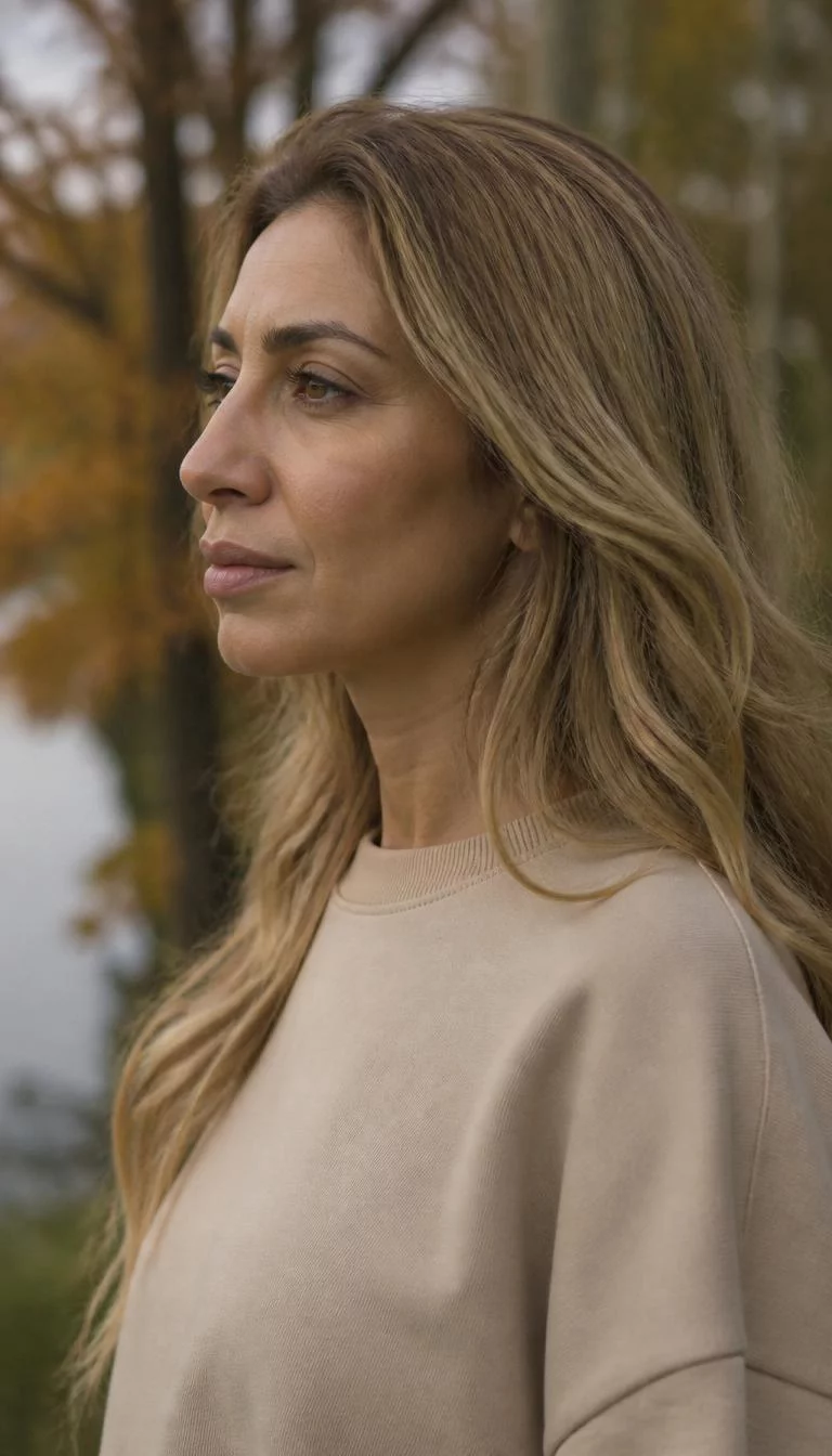 Crème Brûlée Ribbons A side shot photo of a 47-year-old Middle Eastern woman with a diamond face, light, button nose, feathered eyebrows, and thin lips. Her face features small scar on the eyebrow, subtle acne marks, and subtle natural facial asymmetry. She has deep-set hazel eyes, pronounced cheekbones, neutral expression, relaxed. She is slim and is wearing a Beige Crewneck Sweatshirt with crème brûlée blonde long wavy hair, soft window light, fall outdoor background
