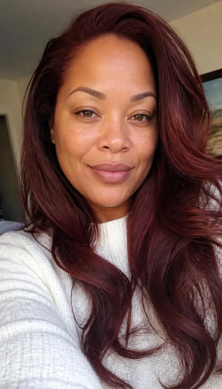 Rich Mahogany Glaze selfie of a 37-year-old Afro-Caribbean woman with a oval face, golden brown, button nose, feathered eyebrows, and wide lips. Her face features small scar on the eyebrow, light freckles, and subtle natural facial asymmetry. She has monolid hazel eyes, rounded cheeks, closed-mouth smile, confident. She is athletic and is wearing a White Sweater with rich mahogany red long voluminous hair, warm indoor lighting, indoor