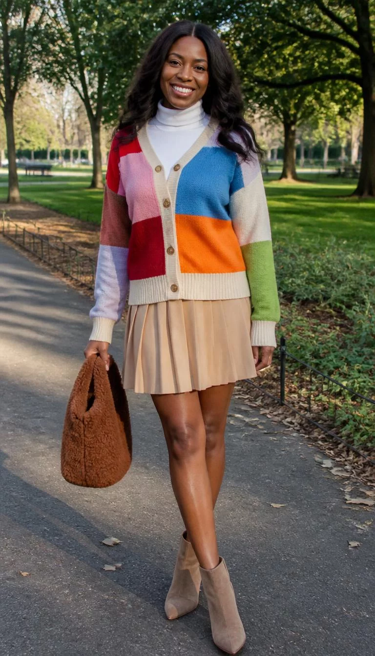 Patchwork Cardigan and White Turtleneck A photorealistic full body shot of a 34-year-old Black African woman with a square face, dark brown, rounded nose, softly curved eyebrows, and full lips. Her face features slightly crooked smile, faint under-eye shadows, and subtle natural facial asymmetry. She has upturned amber eyes, high cheekbones, broad smile, cheerful. She is athletic build with dark wavy hair and is wearing a colorful patchwork cardigan, a white turtleneck, and a pleated skirt, holding a fuzzy brown bag in a park, everyday social media post aesthetic, high-quality mobile photography, shot on an iPhone 14.