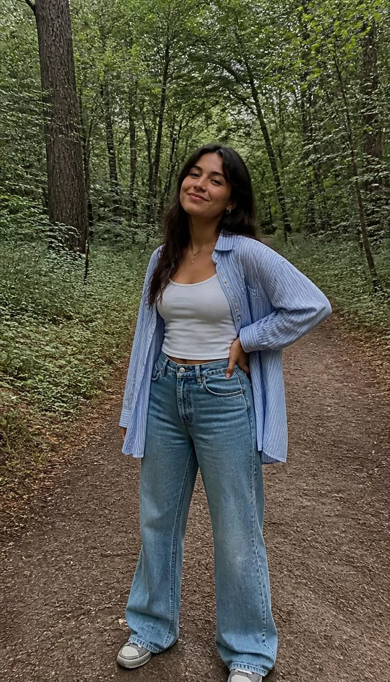 Oversized Pinstripe Shirt and Wide Leg Jeans A photorealistic full body shot of a 25-year-old Middle Eastern woman with a square face, golden brown, rounded nose, feathered eyebrows, and thin lips. Her face features faint freckles across the nose, a few laugh lines, and subtle natural facial asymmetry. She has round dark brown eyes, soft cheekbones, closed-mouth smile, playful. She is petite with dark brown long hair and is wearing a light blue pinstriped oversized shirt over a white tank top, paired with wide-leg jeans, in a forest setting, everyday social media post aesthetic, high-quality mobile photography, shot on an iPhone 14.