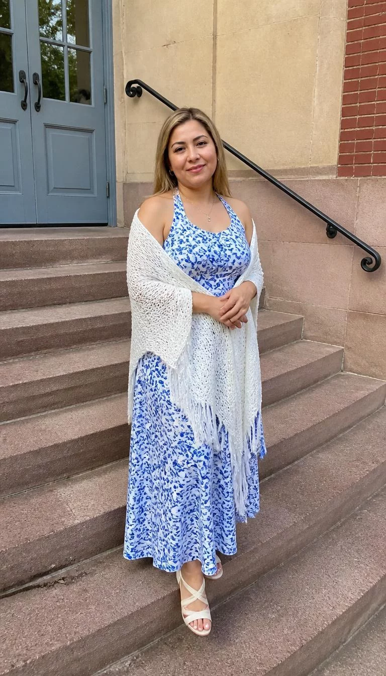 Floral Print Dress and White Knitted Shawl A photorealistic full body shot of a 31-year-old Latina woman with a round face, dark brown, aquiline nose, thick natural eyebrows, and wide lips. Her face features uneven eyebrows, faint under-eye shadows, and subtle natural facial asymmetry. She has round dark brown eyes, pronounced cheekbones, closed-mouth smile, confident. She is petite with blonde hair and is wearing a blue and white floral print dress and a white knitted shawl, on the steps of a building, everyday social media post aesthetic, high-quality mobile photography, shot on an iPhone 14.