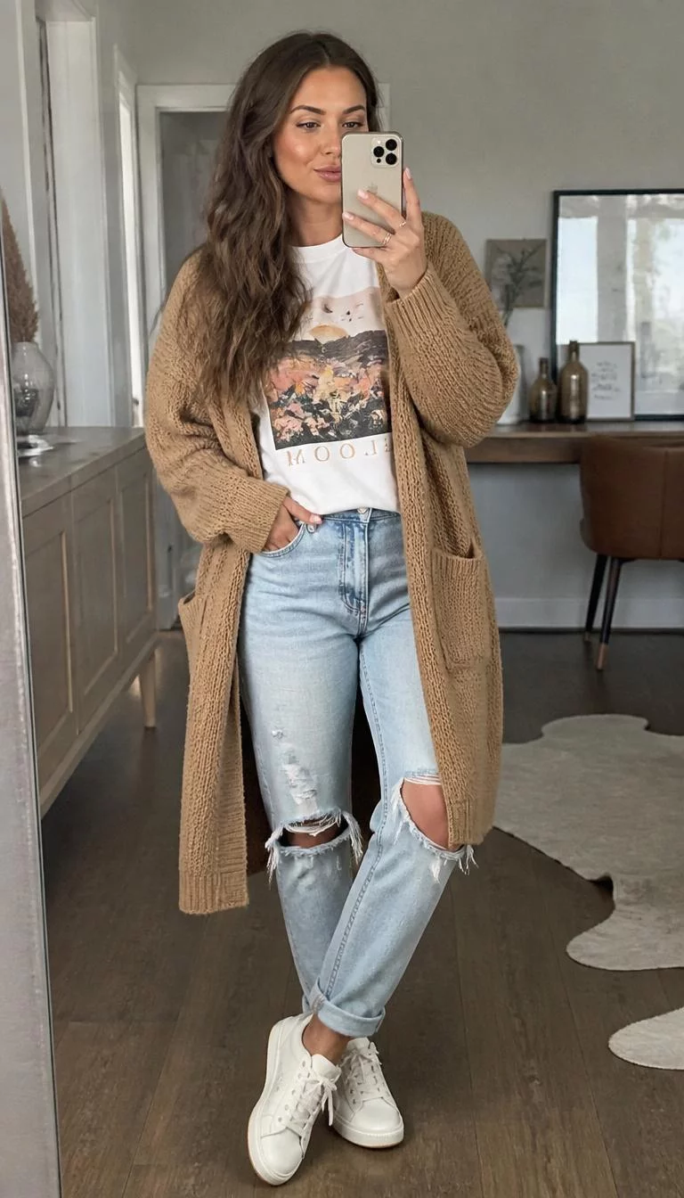 Tan Waffle Knit Cardigan and Ripped Jeans A photorealistic full body shot of a 32-year-old Eastern European woman with a oval face, golden brown, broad nose, feathered eyebrows, and wide lips. Her face features faint freckles across the nose, subtle acne marks, and subtle natural facial asymmetry. She has round blue eyes, soft cheekbones, neutral expression, cheerful. She is athletic build with brown long wavy hair and is wearing a white graphic t-shirt, ripped light-wash jeans, and a long tan waffle-knit cardigan, indoors, everyday social media post aesthetic, high-quality mobile photography, shot on an iPhone 14.