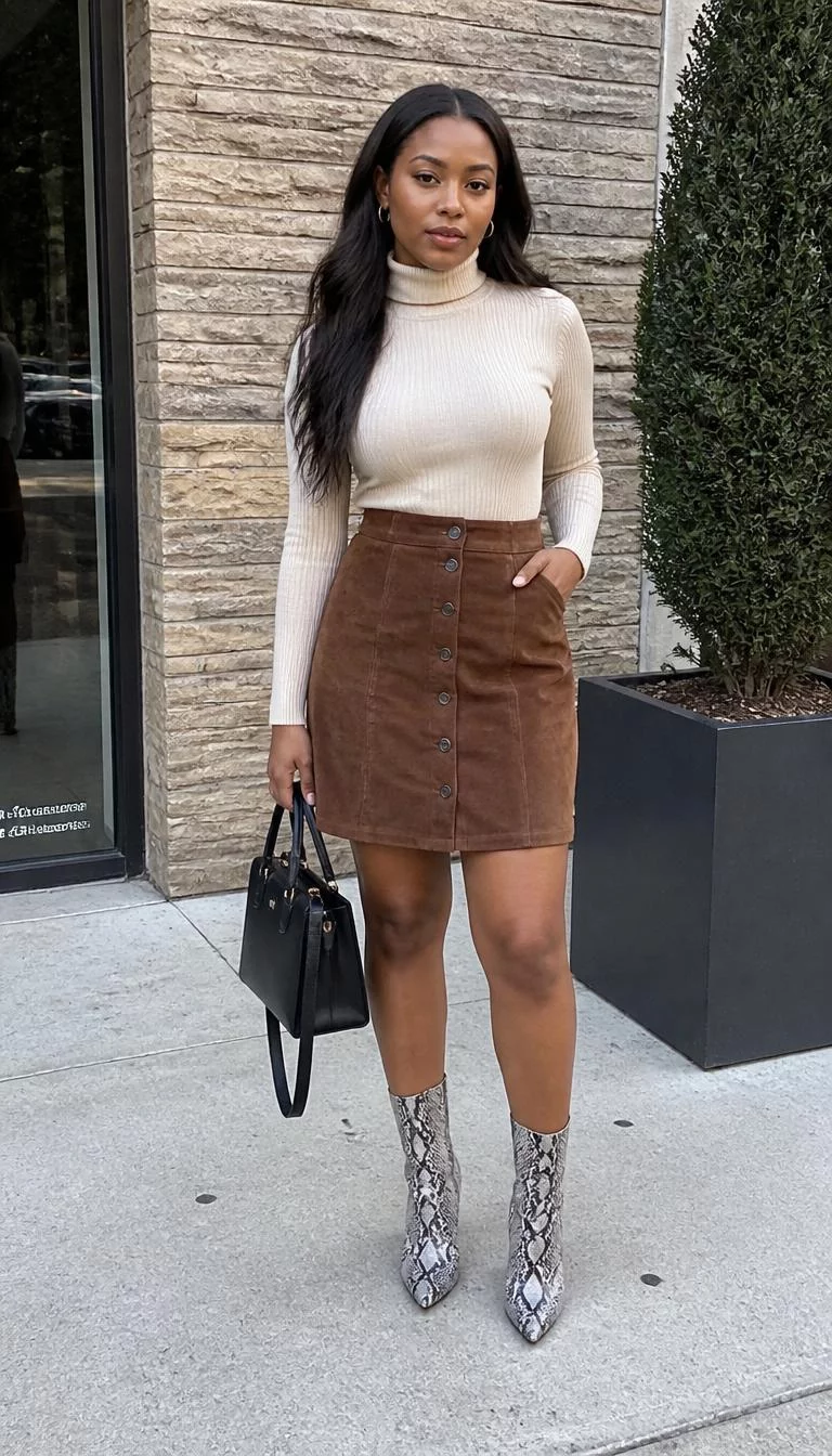 Cream Turtleneck and Brown Suede Skirt A photorealistic full body shot of a 32-year-old Black African woman with a pear-shaped face, golden brown, broad nose, thin arched eyebrows, and full lips. Her face features widow's peak hairline, subtle acne marks, and subtle natural facial asymmetry. She has downturned gray eyes, high cheekbones, neutral expression, cheerful. She is athletic build with dark long hair and is wearing a cream turtleneck sweater, a brown suede button-front skirt, and snakeskin print boots, with a black handbag, everyday social media post aesthetic, high-quality mobile photography, shot on an iPhone 14.