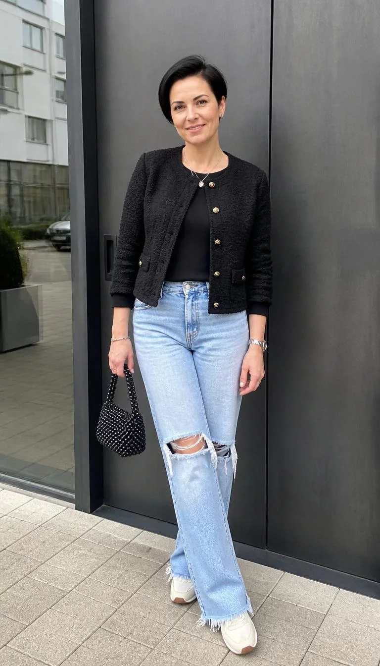 Black Textured Jacket and Ripped Jeans A photorealistic full body shot of a 40-year-old Northern European woman with a diamond face, fair, aquiline nose, thick natural eyebrows, and thin lips. Her face features uneven eyebrows, visible pores, and subtle natural facial asymmetry. She has almond-shaped gray eyes, rounded cheeks, subtle smile, cheerful. She is slim with black short hair and is wearing a black textured jacket, black t-shirt, and ripped light-wash jeans, holding a black beaded bag, everyday social media post aesthetic, high-quality mobile photography, shot on an iPhone 14.
