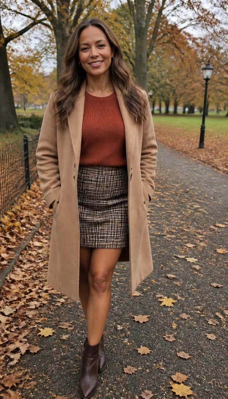 Tan Coat and Plaid Mini Skirt A photorealistic full body shot of a 44-year-old Mixed-race woman with a diamond face, light, rounded nose, thin arched eyebrows, and thin lips. Her face features gap between front teeth, a few laugh lines, and subtle natural facial asymmetry. She has round hazel eyes, soft cheekbones, broad smile, confident. She is average build with brown long wavy hair and is wearing a tan coat over a rust-colored sweater and a plaid mini-skirt, in a park with autumn leaves, everyday social media post aesthetic, high-quality mobile photography, shot on an iPhone 14.