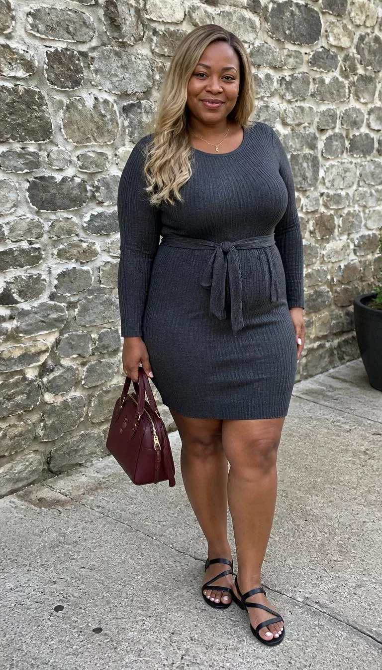 Knit Tie Waist Dress and Burgundy Handbag A photorealistic full body shot of a 39-year-old Afro-Caribbean woman with a heart-shaped face, deep brown, broad nose, straight eyebrows, and full lips. Her face features slightly crooked smile, slightly flushed cheeks, and subtle natural facial asymmetry. She has upturned hazel eyes, high cheekbones, broad smile, relaxed. She is curvy build with blonde wavy hair and is wearing a charcoal grey knit dress with a tie waist and black sandals, holding a burgundy handbag by a stone wall, everyday social media post aesthetic, high-quality mobile photography, shot on an iPhone 14.