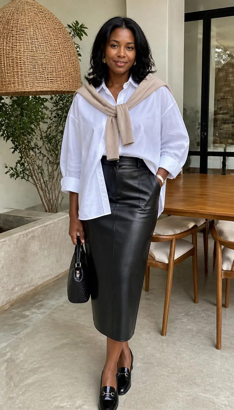 Oversized Button Down and Leather Midi Skirt A photorealistic full body shot of a 37-year-old Black African woman with a pear-shaped face, fair, upturned nose, thick natural eyebrows, and heart-shaped lips. Her face features slightly crooked smile, a few laugh lines, and subtle natural facial asymmetry. She has deep-set brown eyes, high cheekbones, closed-mouth smile, thoughtful. She is curvy build with black hair and is wearing a white oversized button-down shirt, a beige sweater tied around her shoulders, and a black leather midi skirt, everyday social media post aesthetic, high-quality mobile photography, shot on an iPhone 14.