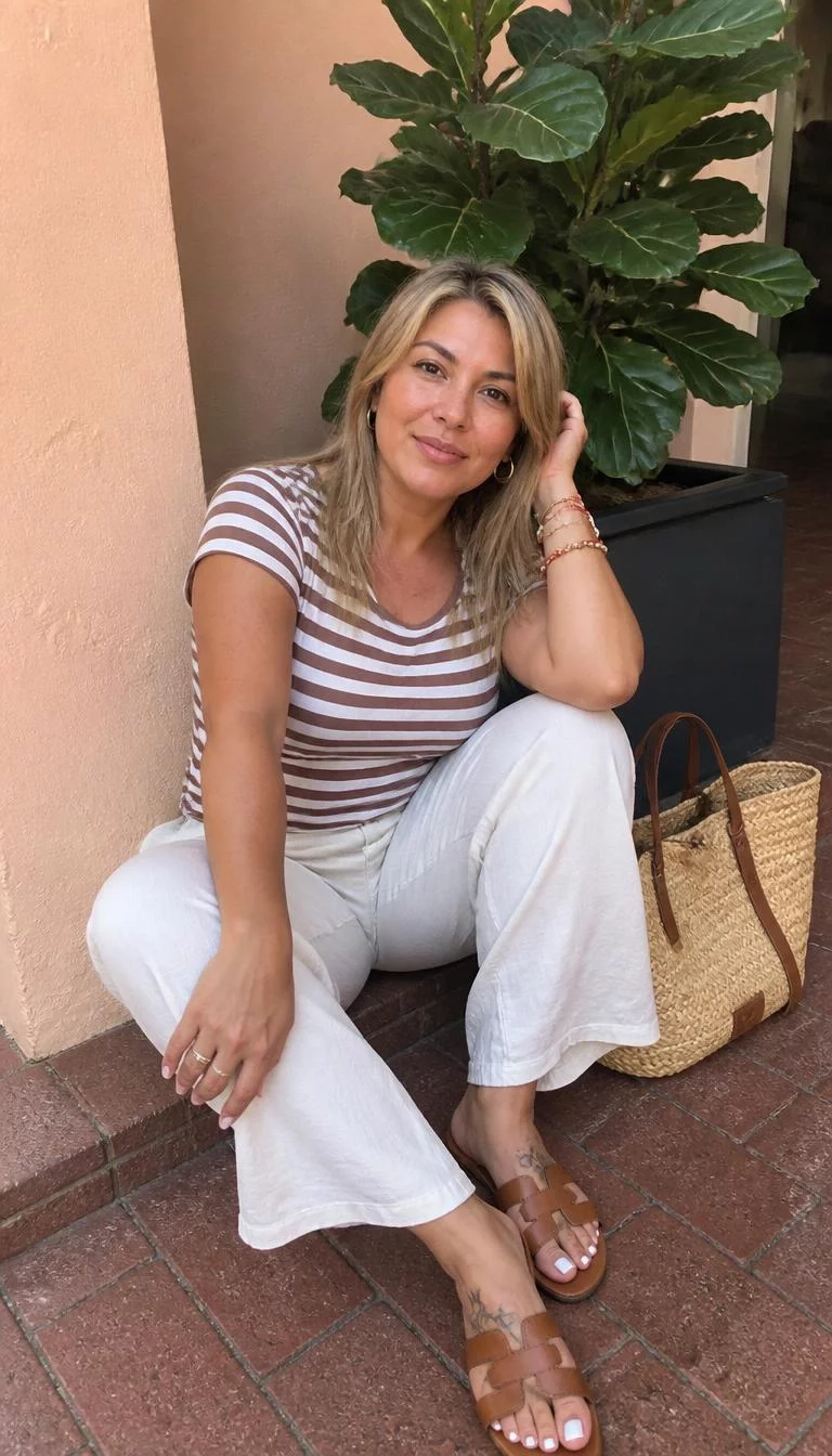 Striped T Shirt and White Trousers A photorealistic full body shot of a 44-year-old Latina woman with a heart-shaped face, olive, straight nose, softly curved eyebrows, and heart-shaped lips. Her face features gap between front teeth, light freckles, and subtle natural facial asymmetry. She has upturned hazel eyes, soft cheekbones, neutral expression, playful. She is curvy build with blonde hair and is wearing a brown and white striped t-shirt, white trousers, and brown sandals, sitting with a straw tote bag, everyday social media post aesthetic, high-quality mobile photography, shot on an iPhone 14.
