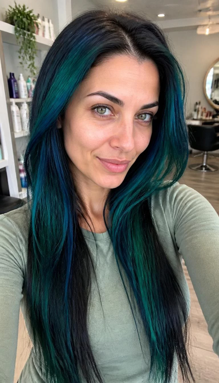 Midnight Teal Forest selfie of a 35-year-old Mediterranean woman with a oval face, dark brown, upturned nose, thin arched eyebrows, and wide lips. Her face features widow's peak hairline, faint under-eye shadows, and subtle natural facial asymmetry. She has round green eyes, high cheekbones, subtle smile, playful. She is slim and is wearing a Sage Green Long Sleeve Tee with dark peacock blue and emerald green mix long straight hair, bright natural daylight, hair salon