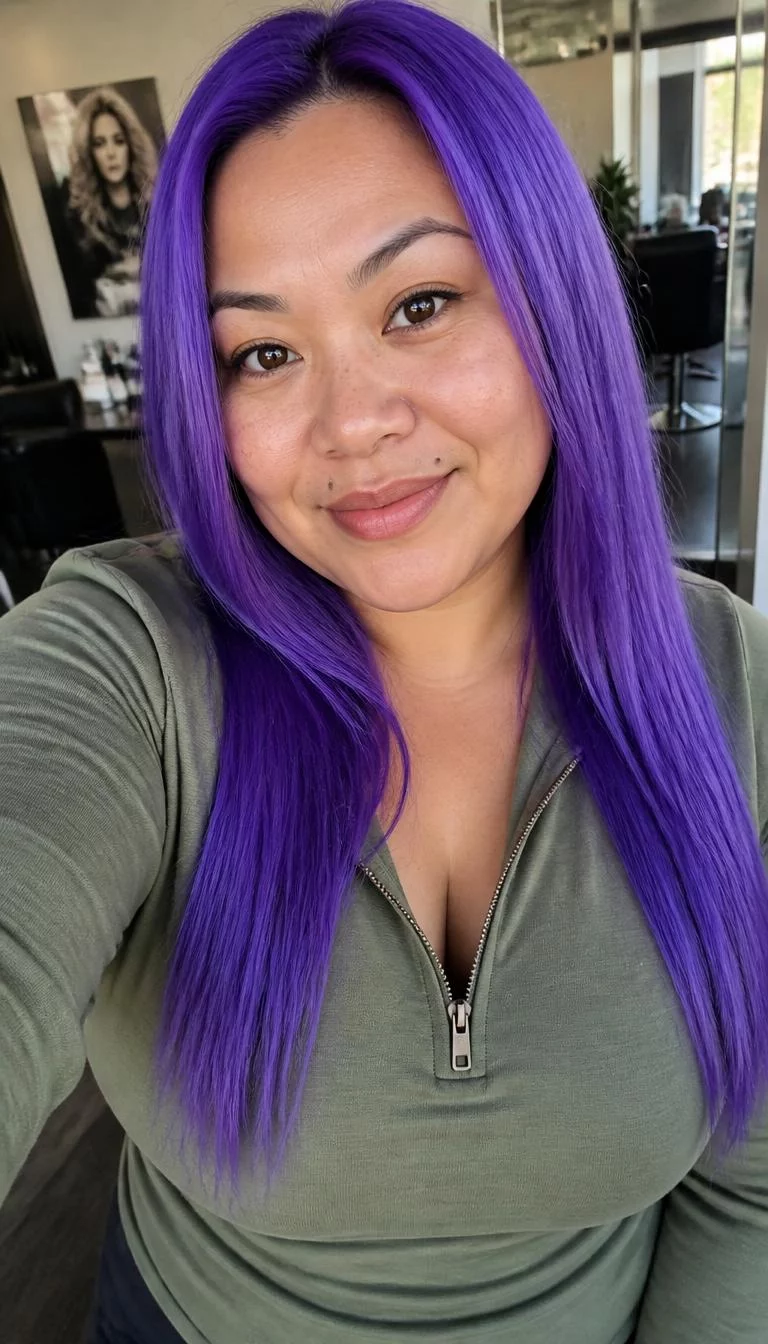Electric Grape Soda selfie of a 38-year-old East Asian woman with a diamond face, dark brown, broad nose, softly curved eyebrows, and thin lips. Her face features beauty mark near the lip, light freckles, and subtle natural facial asymmetry. She has almond-shaped amber eyes, rounded cheeks, broad smile, confident. She is curvy and is wearing a Olive Green Quarter-Zip Pullover with bright neon violet long straight hair, bright natural daylight, hair salon