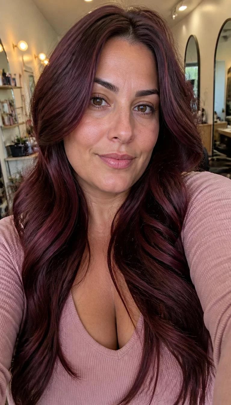 selfie of a 33-year-old Mediterranean woman with a oblong face, tan, straight nose, feathered eyebrows, and thin lips. Her face features faint freckles across the nose, visible pores, and subtle natural facial asymmetry. She has almond-shaped brown eyes, high cheekbones, neutral expression, cheerful. She is plus-size and is wearing a Blush Pink Ribbed Top with deep burgundy red and violet undertone long wavy hair, warm indoor lighting, hair salon