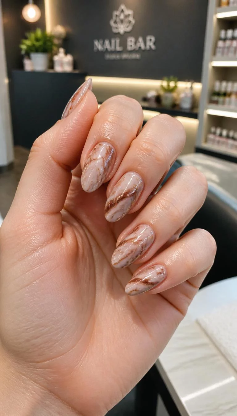 Earthy Stone Marble Swirls A photorealistic close-up shot of a woman's fair skin tone hand with five fingers, showcasing almond medium-length nails featuring a marbling design with earthy brown and creamy white swirls, nail salon background