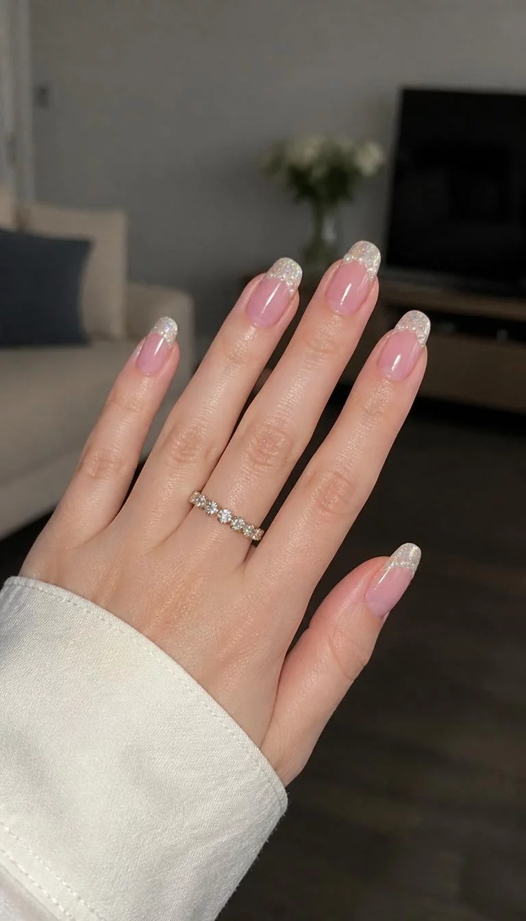 Pearlescent Pink with Pearl Accents A photorealistic close-up shot of a woman's fair skin tone hand with five fingers, showcasing almond medium-length nails featuring pearlescent pink and French tips with glitter and small pearls, living room background