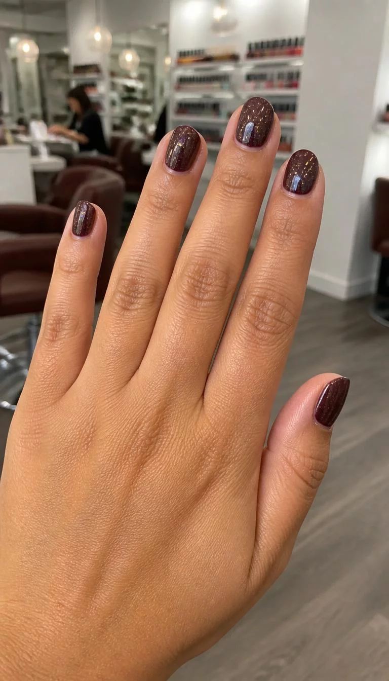 Deep Plum With Festive Sparkle A photorealistic close-up shot of a woman's medium skin tone hand with five fingers, showcasing oval short nails featuring deep plum polish with a sprinkle of gold glitter, nail salon background