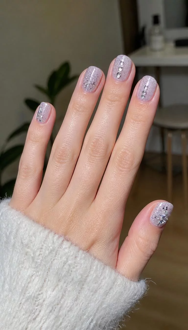 Pale Lilac and Silver Rhinestones A photorealistic close-up shot of a woman's fair skin tone hand with five fingers, showcasing rounded short nails featuring shimmering pale lilac polish with silver glitter and rhinestones, indoor background
