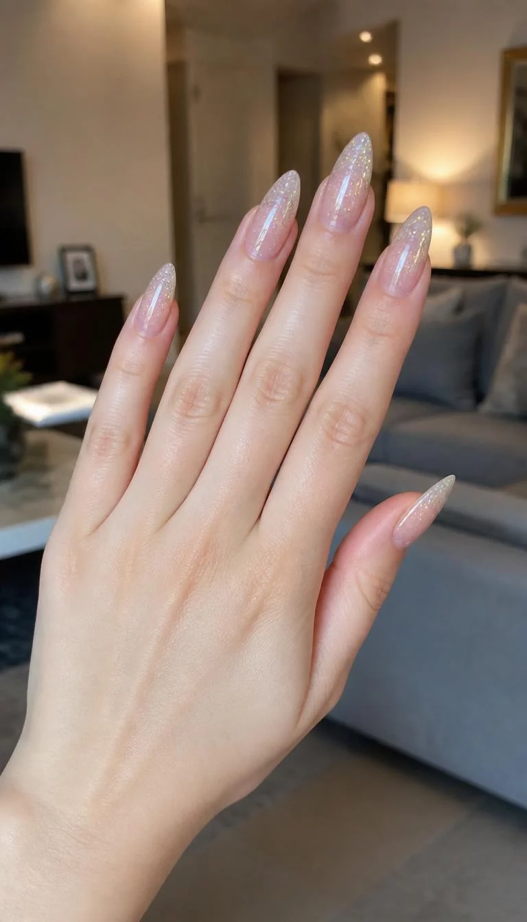 Sheer Glittery Stiletto Nails A photorealistic close-up shot of a woman's fair skin tone hand with five fingers, showcasing stiletto long nails featuring a sheer glittery finish, living room background