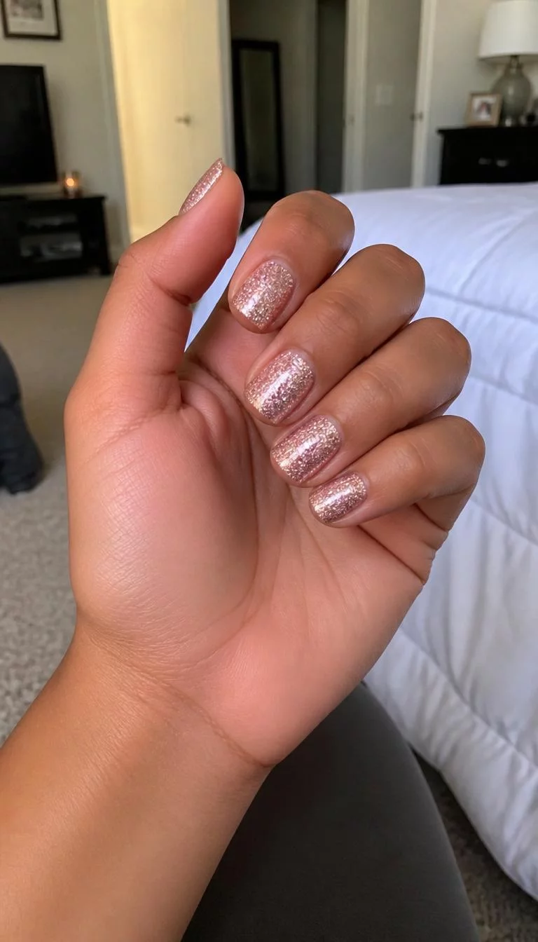 Shimmering Rose Gold Sparkle A photorealistic close-up shot of a woman's olive skin tone hand with five fingers, showcasing square short nails featuring shimmering rose gold glitter polish, bedroom background