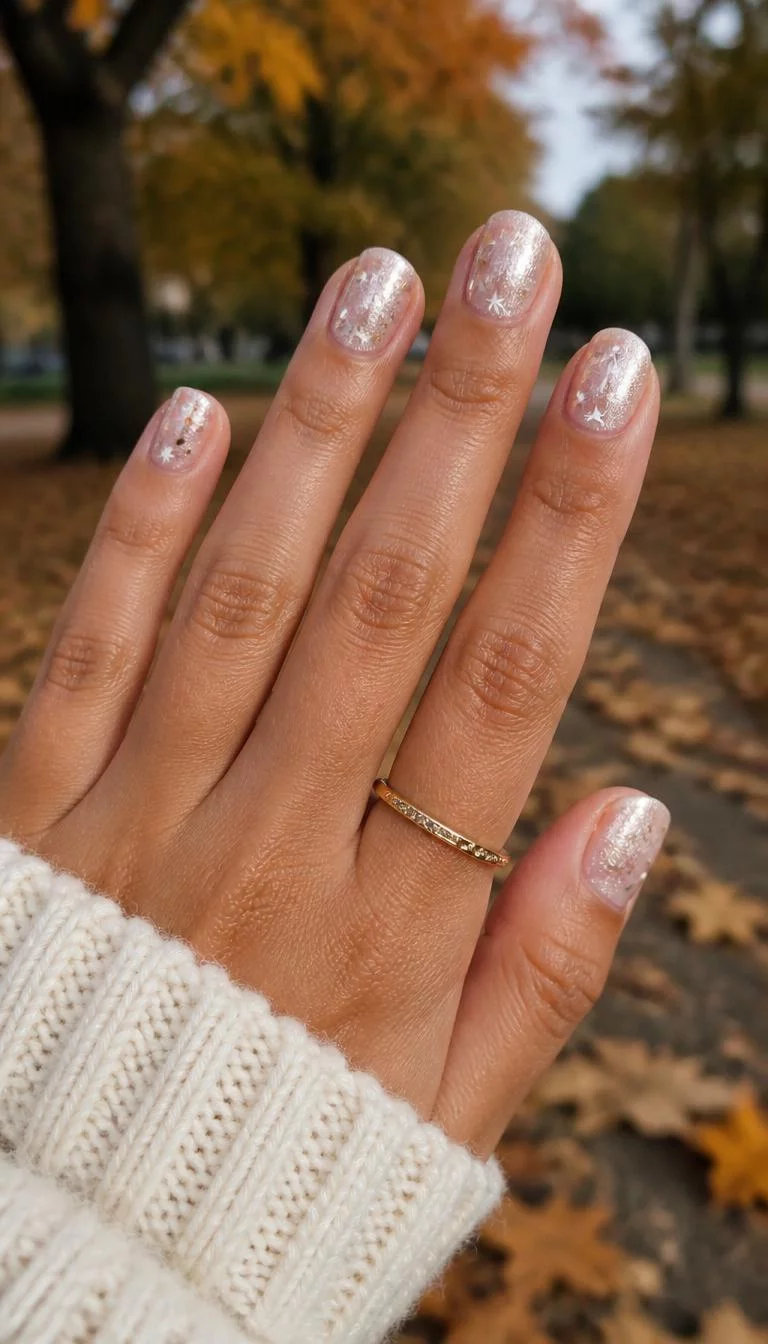 Celestial Pearlescent Stars A photorealistic close-up shot of a woman's olive skin tone hand with five fingers, showcasing oval short nails featuring a sheer pearlescent base with silver and gold glitter and small white star accents, outdoor fall background