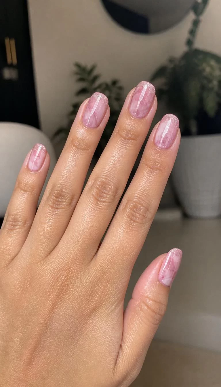 Rose and Blush Marbling A photorealistic close-up shot of a woman's medium skin tone hand with five fingers, showcasing oval medium-length nails featuring a soft marbled design in rose and blush with subtle glitter at the tips, indoor background
