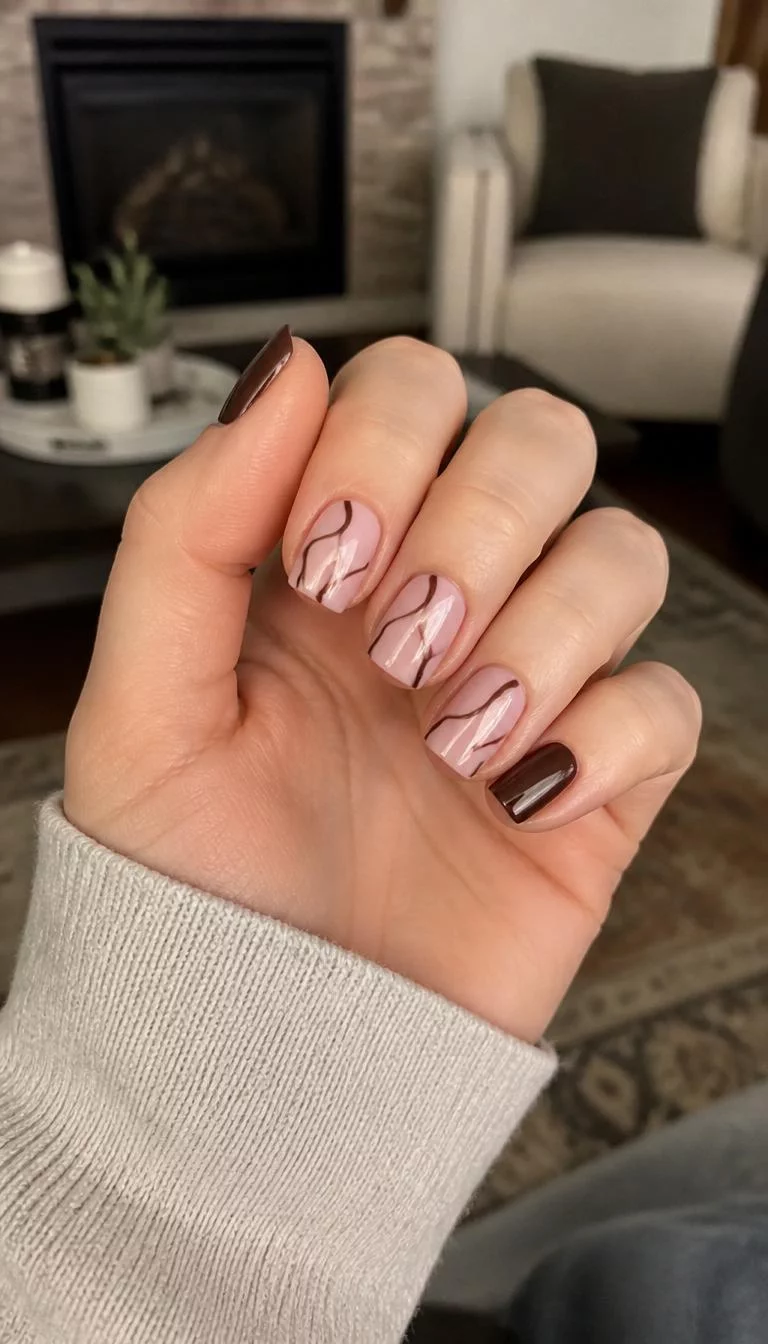 Pink and Brown Wavy Lines A photorealistic close-up shot of a woman's light skin tone hand with five fingers, showcasing square short nails featuring soft pink polish with dark brown wavy lines and deep brown polished nails, living room background