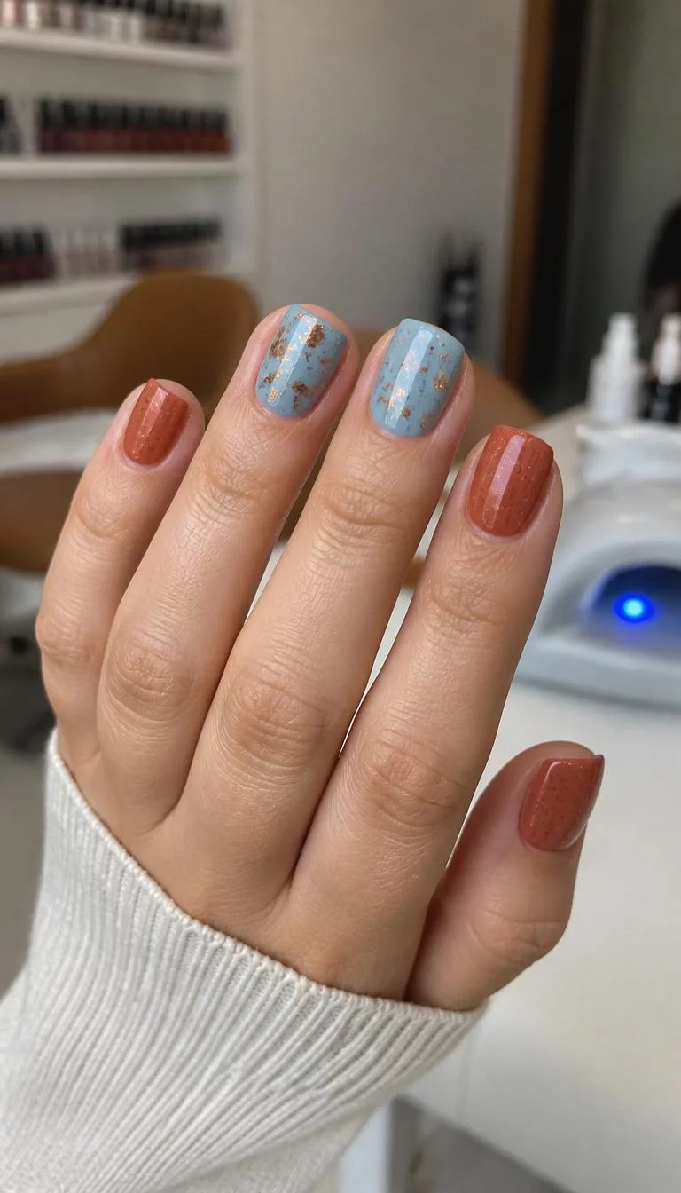 Terracotta and Copper Foil A photorealistic close-up shot of a woman's light skin tone hand with five fingers, showcasing square short nails featuring terracotta color and light blue with a copper foil design and glitter, nail salon background