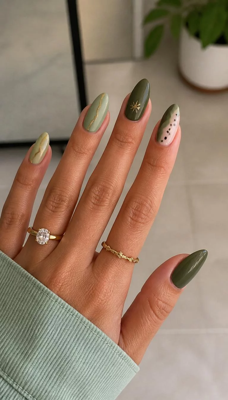 Abstract Green and Metallic Patterns A photorealistic close-up shot of a woman's olive skin tone hand with five fingers, showcasing various nail styles including green and matte tones with abstract patterns and metallic accents, indoor background
