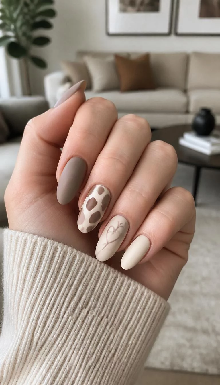 Minimalist Matte Sand A photorealistic close-up shot of a woman's fair skin tone hand with five fingers, showcasing almond-shaped medium-length nails featuring matte taupe, cream, and off-white, featuring subtle cow print and minimalist line art, living room background