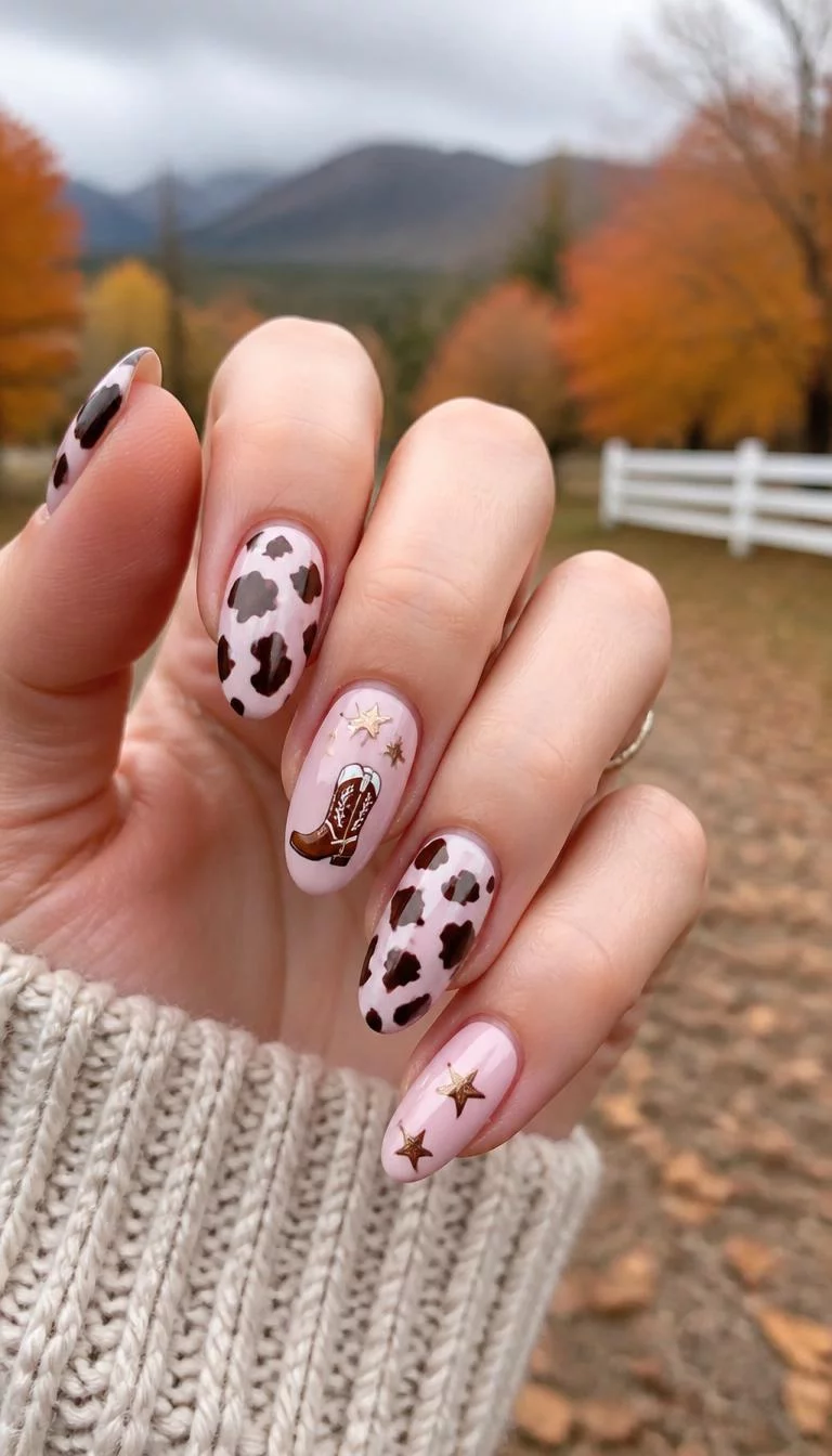 Stellar Western Steps A photorealistic close-up shot of a woman's fair skin tone hand with five fingers, showcasing oval-shaped medium-length nails featuring a pale pink base, featuring cow print, stars, and cowboy boot designs, outdoor fall background