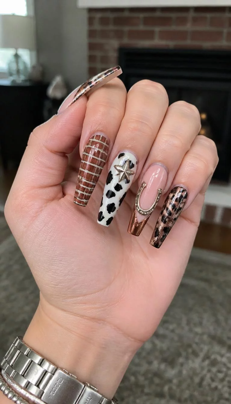 Industrial Brick And Iron A photorealistic close-up shot of a woman's light skin tone hand with five fingers, showcasing long coffin-shaped nails featuring brick patterns, cow print, metallic accents, and a horseshoe design, indoor background