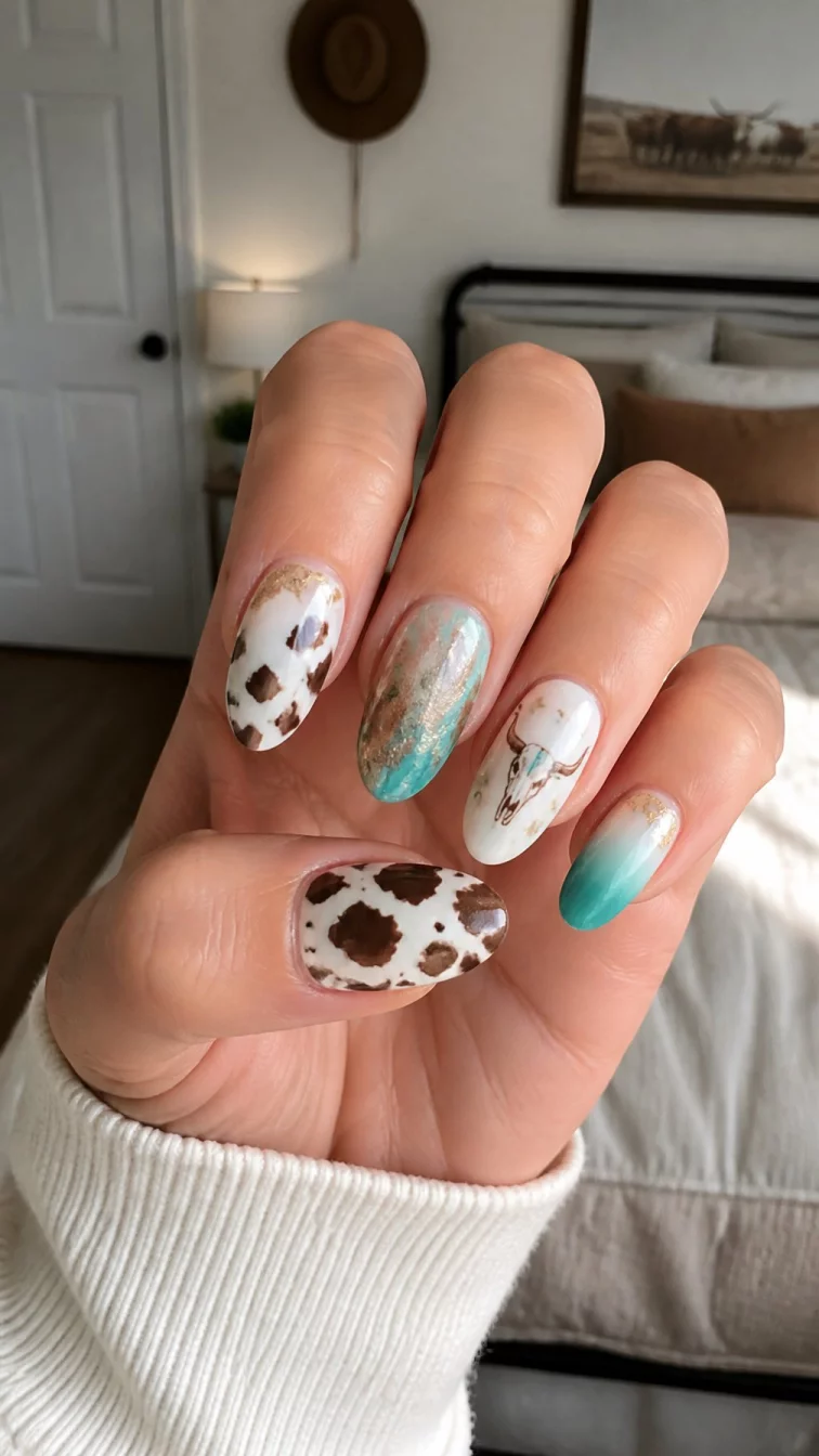 The Turquoise Mix Master A photorealistic close-up shot of a woman's light skin tone hand with five fingers, showcasing various medium-length nails featuring cow print, abstract metallics, turquoise ombré, and western-themed art, bedroom background