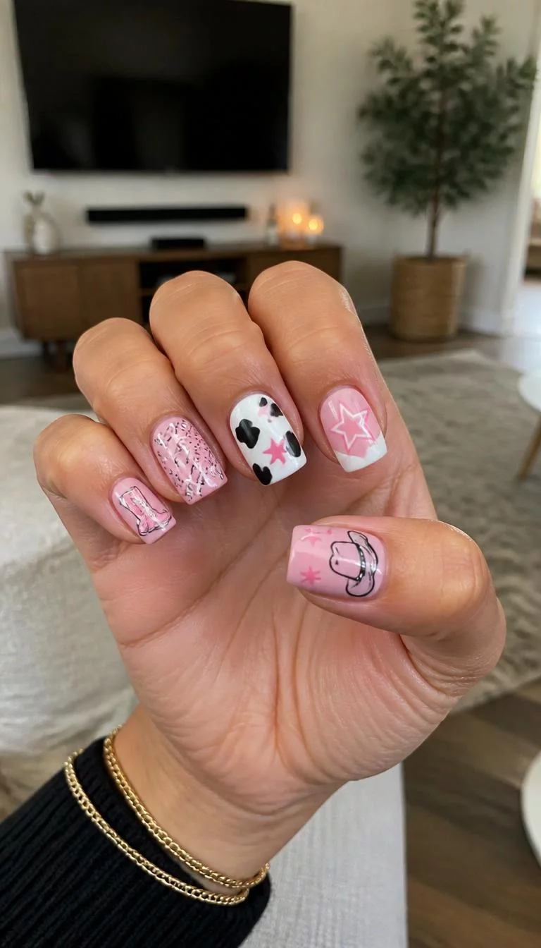 Pink Bandana Perfection A photorealistic close-up shot of a woman's olive skin tone hand with five fingers, showcasing short square nails featuring pink and white with various western designs including bandana prints, cow print, cowboy hats, and stars, living room background