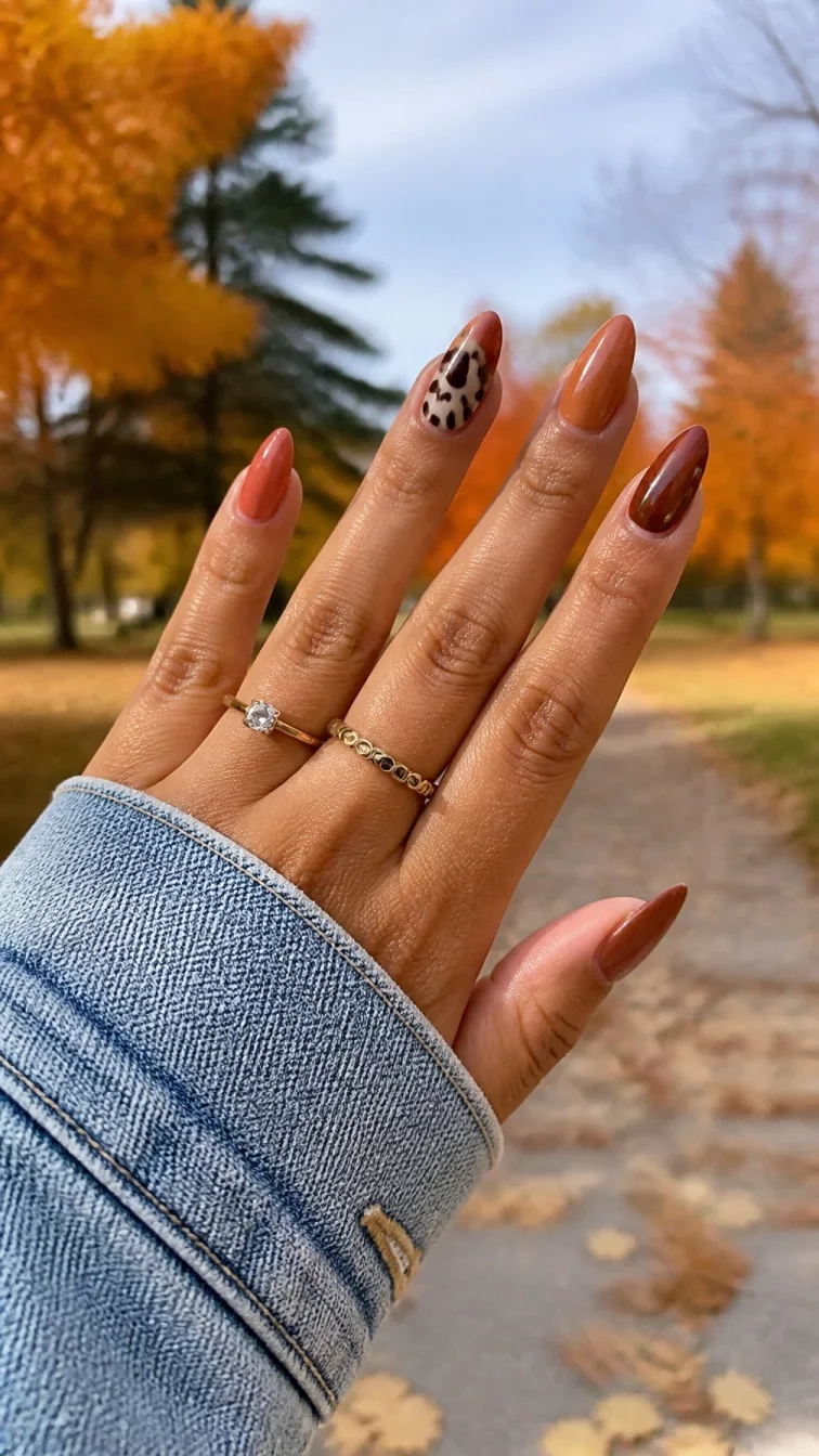 A photorealistic close-up shot of a woman's olive skin tone hand with five fingers, showcasing medium length almond nails with a mix of cow print and desert sunset colors, outdoor fall background
