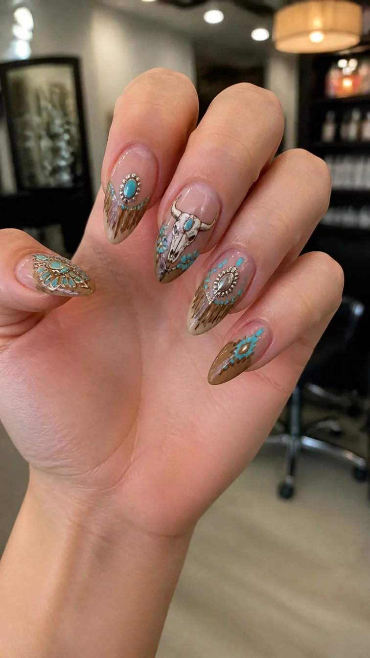 A photorealistic close-up shot of a woman's fair skin tone hand with five fingers, showcasing long almond-shaped nails featuring a rustic theme, featuring turquoise accents, fringe, tassels, and western-inspired decals, nail salon background