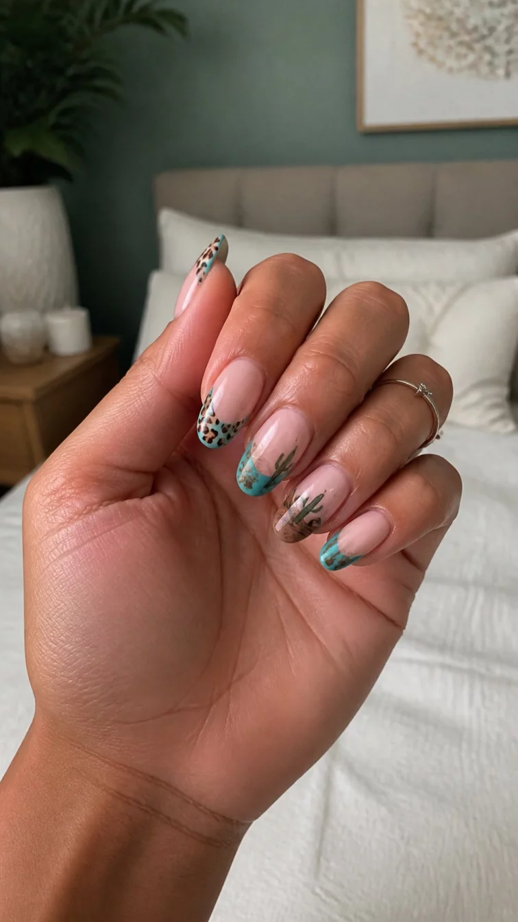 A photorealistic close-up shot of a woman's medium skin tone hand with five fingers, showcasing oval-shaped medium-length nails featuring desert landscapes with cacti, animal prints, teal french tips, and a subtle pink base, bedroom background