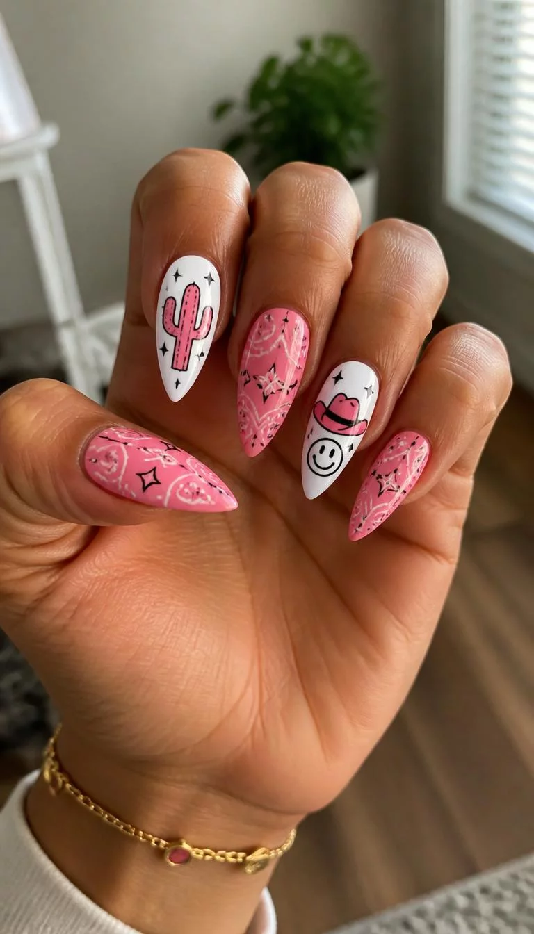 Neon Pink Rodeo Spirit A photorealistic close-up shot of a woman's tan skin tone hand with five fingers, showcasing stiletto-shaped medium-length nails featuring bright pink and white polish, featuring bandana prints, cacti, cowboy hats, and smiley faces, indoor background